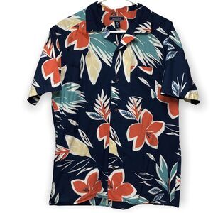Lands’ End Hawaiian‎ Shirt Medium Navy Blue Floral Print Short Sleeve Casual